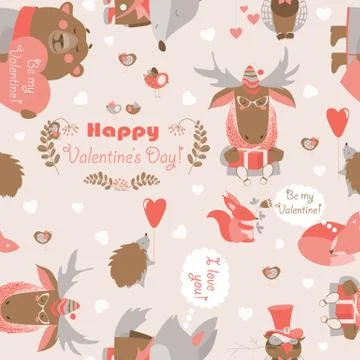 Seamless Valentines pattern with fun animals, hearts and flowers Stock Illustration