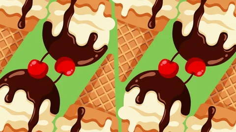 Seamless Vanilla Ice Cream Cone Pattern with Chocolate Syrup and Cherries Ba Stock Footage 337933171