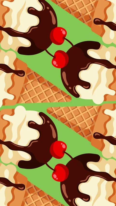 Seamless Vanilla Ice Cream Cone with Chocolate Syrup and Cherry Pattern Loop 動画素材 337975660
