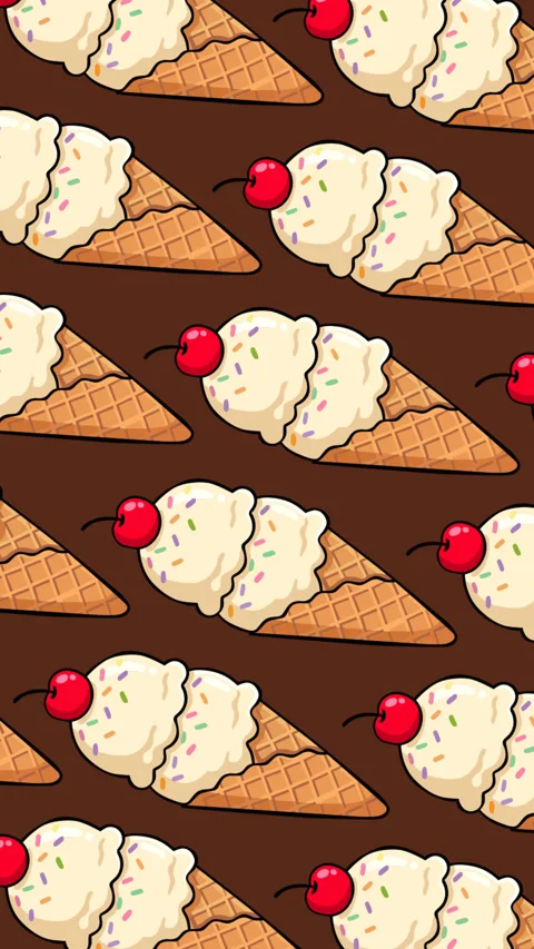 Seamless Vanilla Ice Cream Cone Pattern with Cherry on Chocolate Brown Backg Stock Footage 340060841