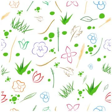 Seamless various color Sketch Pattern flower weed and dot Stock Illustration