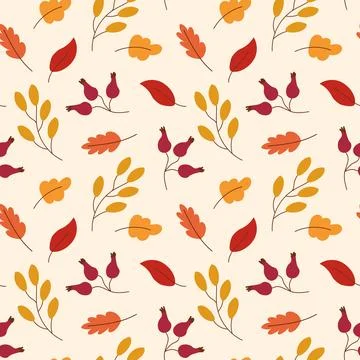 Seamless vector autumn pattern with berries and branches, leaves. Stock Illustration