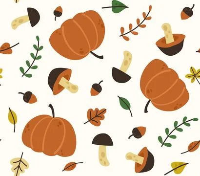 Seamless vector autumn pattern: pumpkin, acorns, forest mushrooms and autumn Stock Illustration