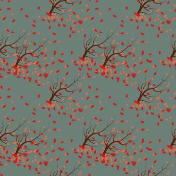 Seamless vector autumn pattern with trees and falling leaves Stock Illustration