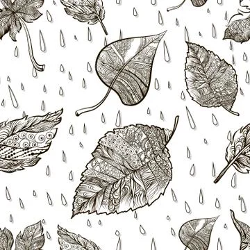 Seamless vector background black and white doodle autumn foliage Иллюстрация