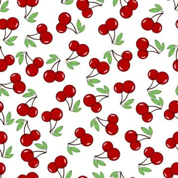 Seamless vector background with cherry berries. Red berries with leaves Stock Illustration