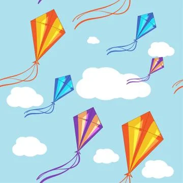 Seamless vector background with colorful kites in the blue sky. Seamless pattern Stock Illustration