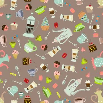 Seamless vector background with dishes and cakes Illustrazione stock