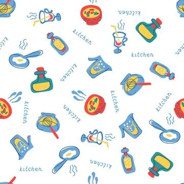 Seamless vector background with dishes, drinks and products in gentle pastel Stock Illustration