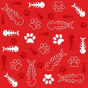 Seamless vector background with fish bones and cat's paws on red Stock Illustration