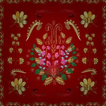 Seamless vector background. Golden elements on yellow, red and brown colors. Ske Illustrazione stock