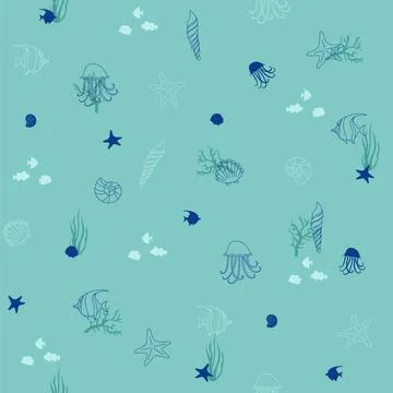 Seamless vector background from hand drawn sea shells and stars. Marine illus イラスト素材
