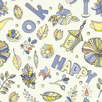 Seamless vector background with leaves and lettering happy and ok Stock Illustration