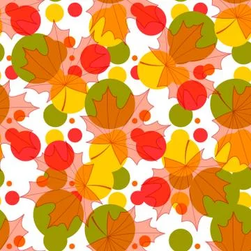 Seamless vector background of maple leaves and bright colored circles and spo Stock Illustration