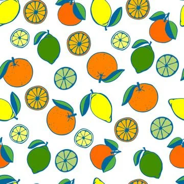 Seamless vector background. Orange, lime and lemon, whole fruits and halves. Stock Illustration