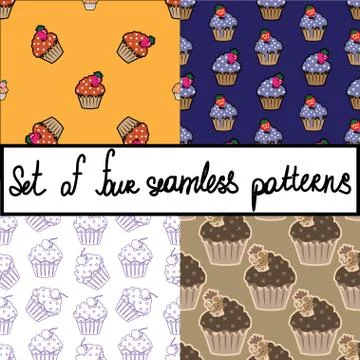 Seamless vector background set with cupcakes Stock Illustration