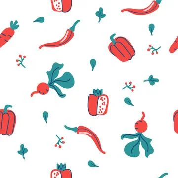 Seamless vector background with various fruits and vegetables Stock Illustration