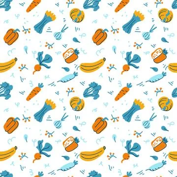 Seamless vector background with various fruits and vegetables Stock Illustration