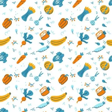 Seamless vector background with various fruits and vegetables Stockillustratie