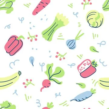 Seamless vector background with various fruits and vegetables イラスト素材