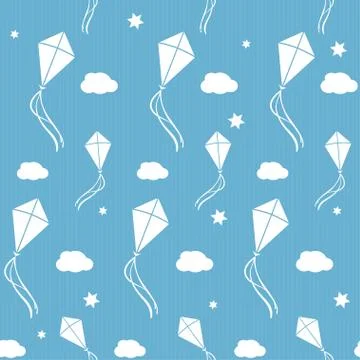 Seamless vector background with white kites in the blue sky Stock Illustration