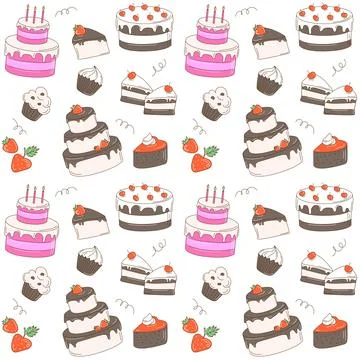 Seamless Vector Birthday Cake and Dessert Pattern with Strawberries Stock Illustration