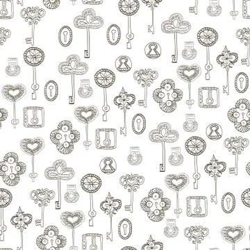 Seamless vector black and white pattern with keys and keyholes Stock Illustration