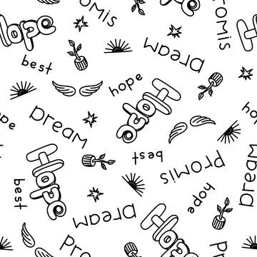 Seamless vector black and white pattern with the words hope, dream, promise Stock Illustration