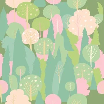 Seamless vector blossom forest pattern. Spring background Stock Illustration