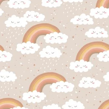 Seamless vector boho pattern with hand drawn cute cartoon rainbows, clouds .. Stock Illustration