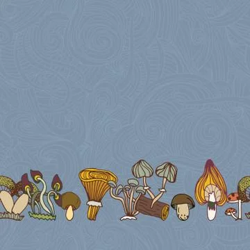 Seamless vector border of different mushrooms. Stock Illustration