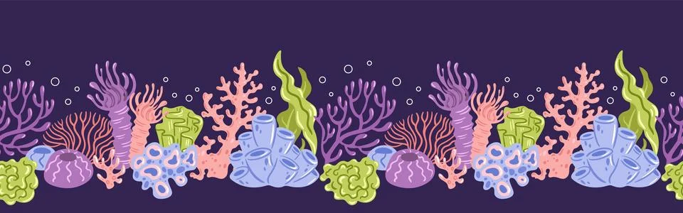 Seamless vector border features an elegant design of colorful corals, creat.. Illustrazione stock
