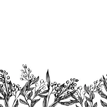 Seamless vector border with leaves and berries. Set of ink hand drawing wild Stock Illustration