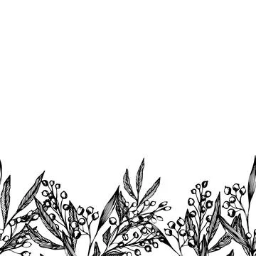 Seamless vector border with leaves and berries. Set of ink hand drawing wild Stock Illustration