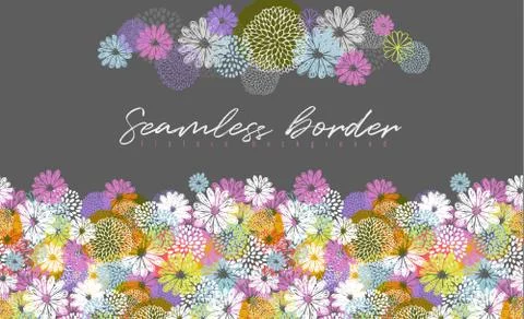 Seamless vector border with lemon, white, blue, pink stylized doodle flowers on Illustrazione stock