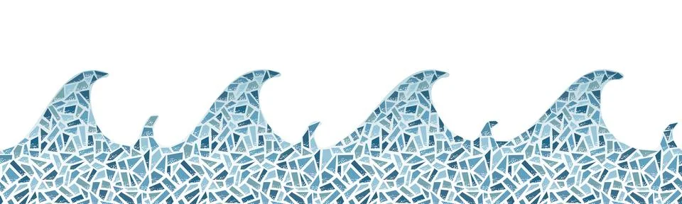 Seamless vector border pattern. Blue clay broken mosaic, tiles waves. Illustrazione stock