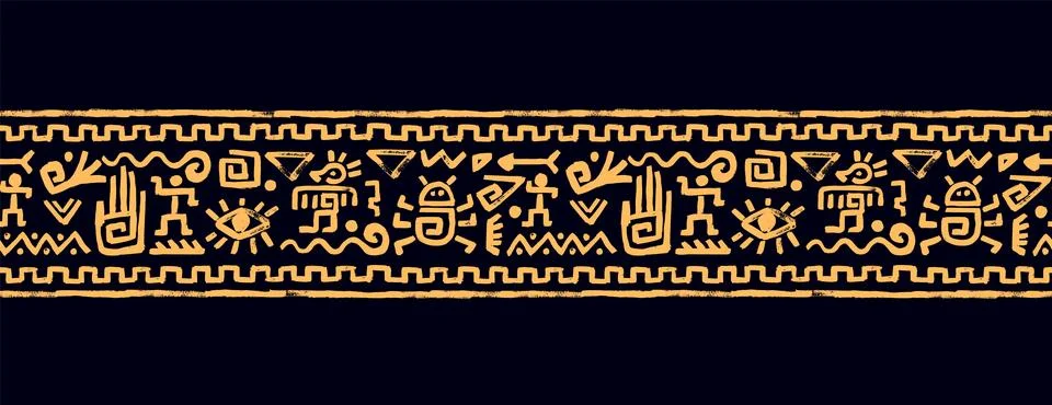Seamless vector border pattern in gold and black with mexican, african and aztec Illustrazione stock