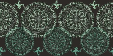 Seamless vector border print with mandalas ornament on a dark background Illustrazione stock