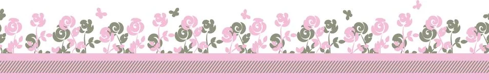 Seamless vector border print with pink roses and butterflies Stock Illustration