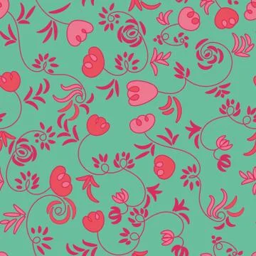 Seamless vector botanical pattern with doodle tulips in bright colors Stock Illustration