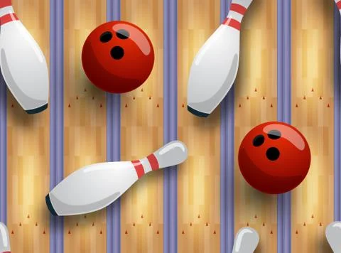 Seamless vector bowling pattern. Bowling track, ball, skittles on the floor. Illustrazione stock
