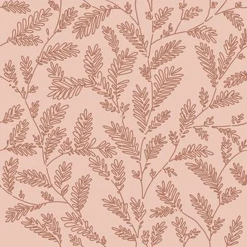 Seamless vector brown line leaf and twig pattern on beige background. Stock Illustration