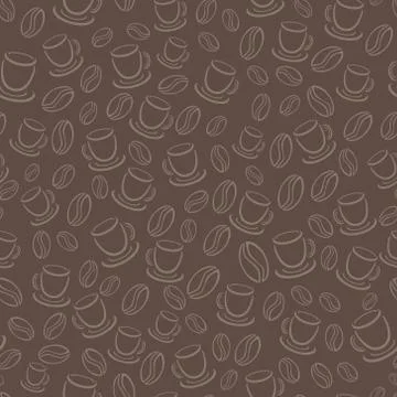 Seamless vector brown pattern with coffee beans and cups Stock Illustration