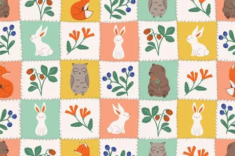 Seamless vector Cheater quilt patchwork with berrie, flowers and cute forest 库存插图