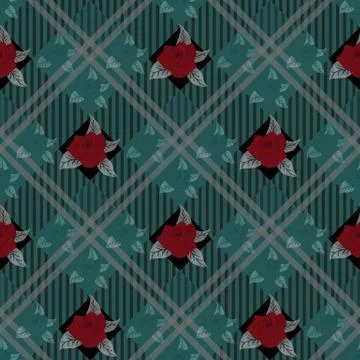 Seamless vector check background with bouquets of red flowers on tartan plaid Stock Illustration