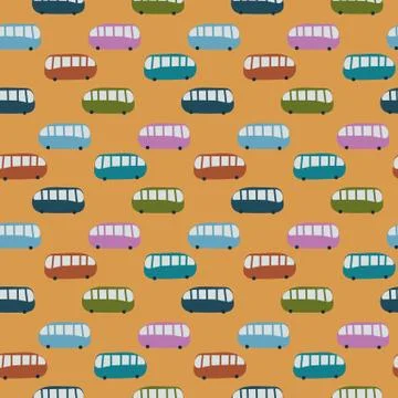 Seamless vector childish pattern with colorful cute buses on a yellow background Stock Illustration