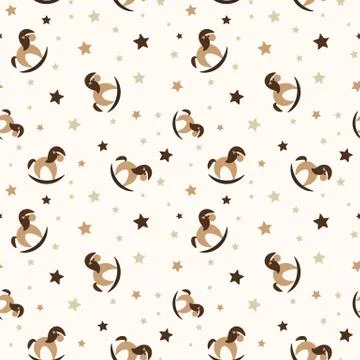 Seamless vector childish pattern with toy rocking horses and stars Illustrazione stock