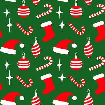 Seamless vector Christmas background with Santa hat, red stocking and Chris.. イラスト素材