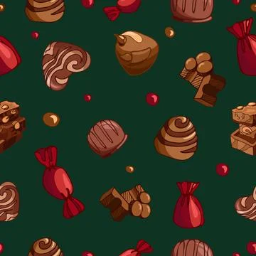 Seamless vector Christmas pattern of bright tasty pieces milk chocolate with Stock Illustration