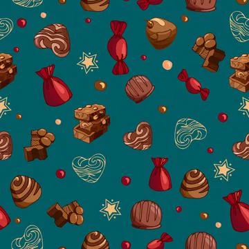 Seamless vector Christmas pattern of bright tasty pieces milk chocolate with Stock Illustration